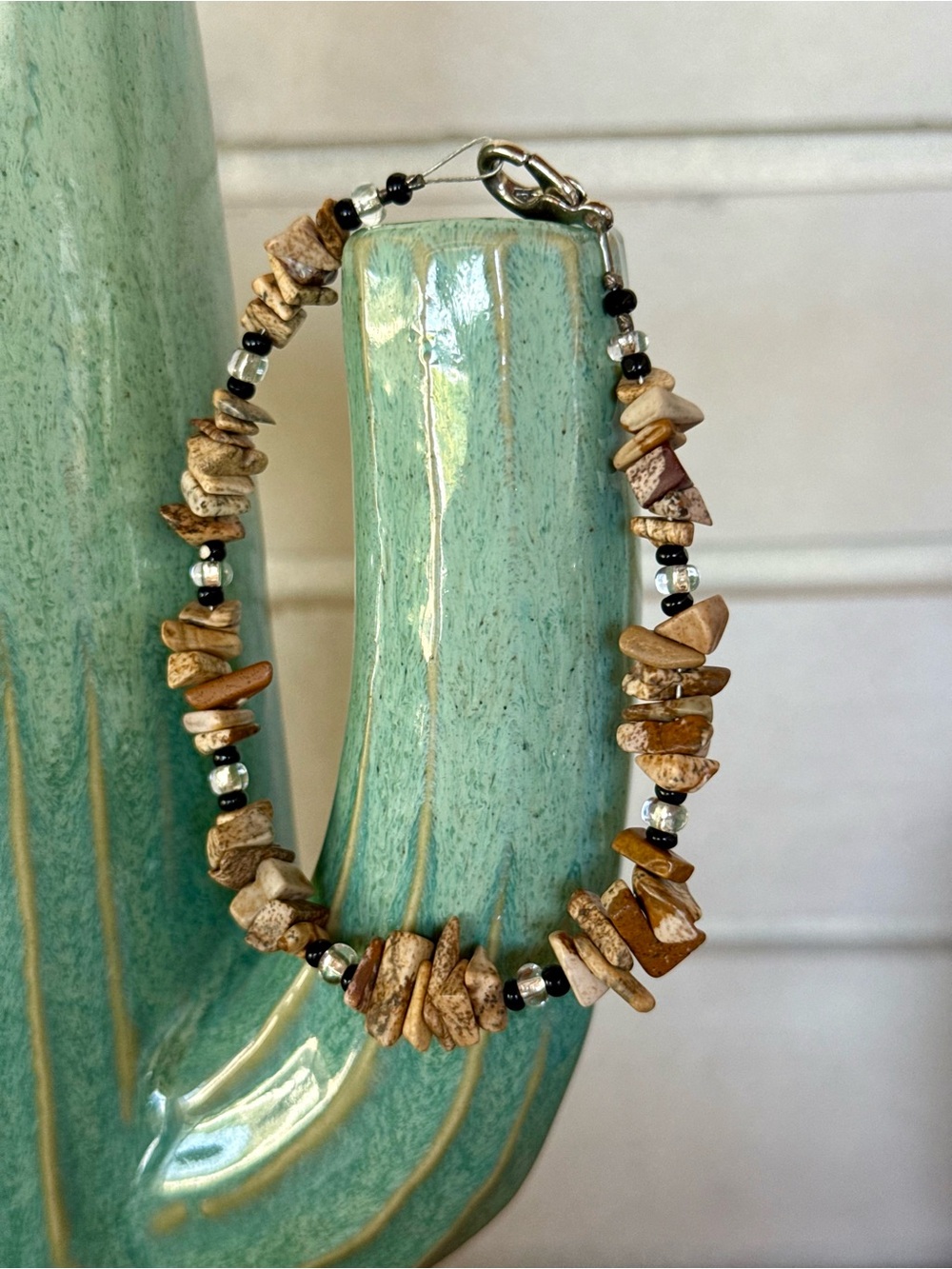 Natural Stone Chip Bracelet * Handmade * Black & Clear Beads
